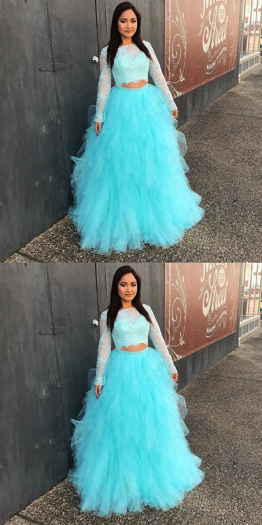 Full Sleeve Evening Dress, Two Piece Tulle Lace Top Prom Dress, Elegant Formal Dress PDE90