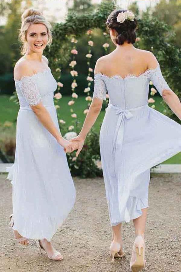 A-Line Off-the-Shoulder Short Sleeve Pleated Chiffon Bridesmaid Dress with Lace PDI45