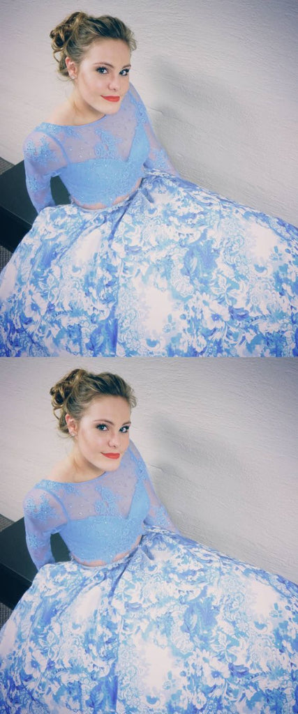 Two Piece Prom Dresses With Long Sleeves, White Blue Printed Prom Dresses PDH51