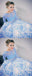 Two Piece Prom Dresses With Long Sleeves, White Blue Printed Prom Dresses PDH51
