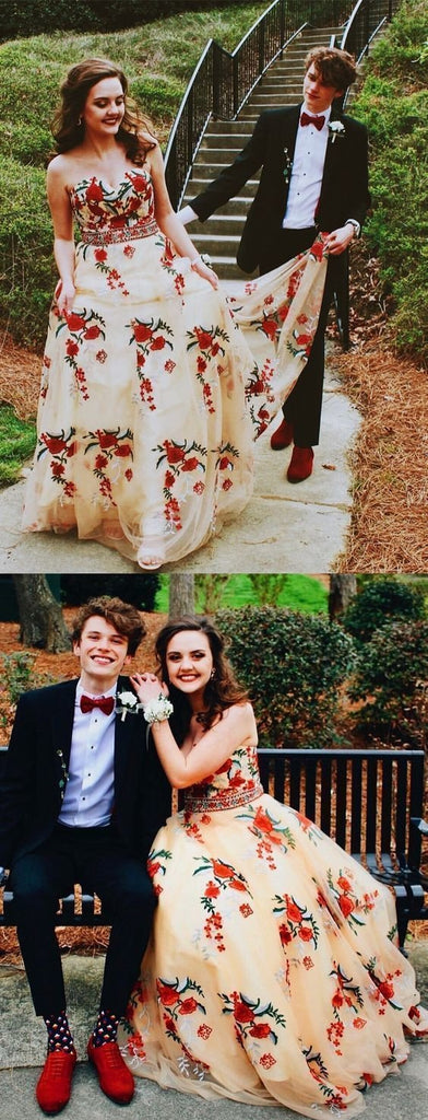 Princess A Line Strapless Tulle Long Prom Dress with Floral Appliques PDF51