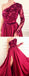 Burgundy A Line Applique Long Sleeve One Shoulder Prom Dresses With Slit PDH61
