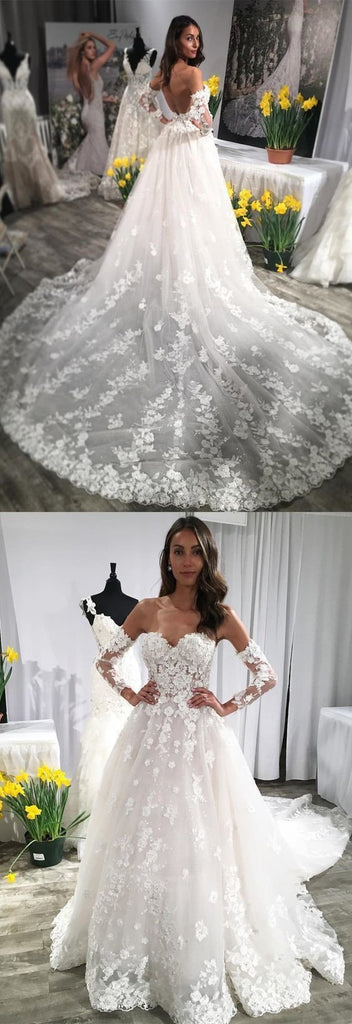 Long Sleeves Ivory Lace Appliques Backless Long Wedding Dress with Train PDF23