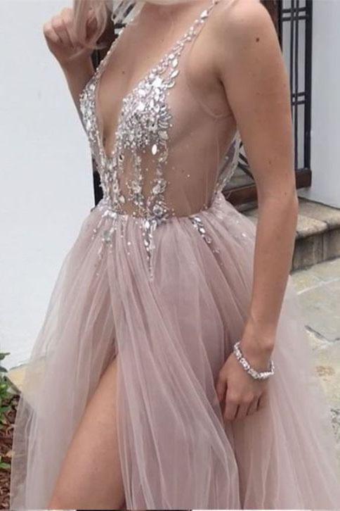Dusty Pink A Line Tulle Prom Dress, V Neck Long Graduation Dress with Rhinestone PDJ48