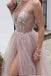 Dusty Pink A Line Tulle Prom Dress, V Neck Long Graduation Dress with Rhinestone PDJ48