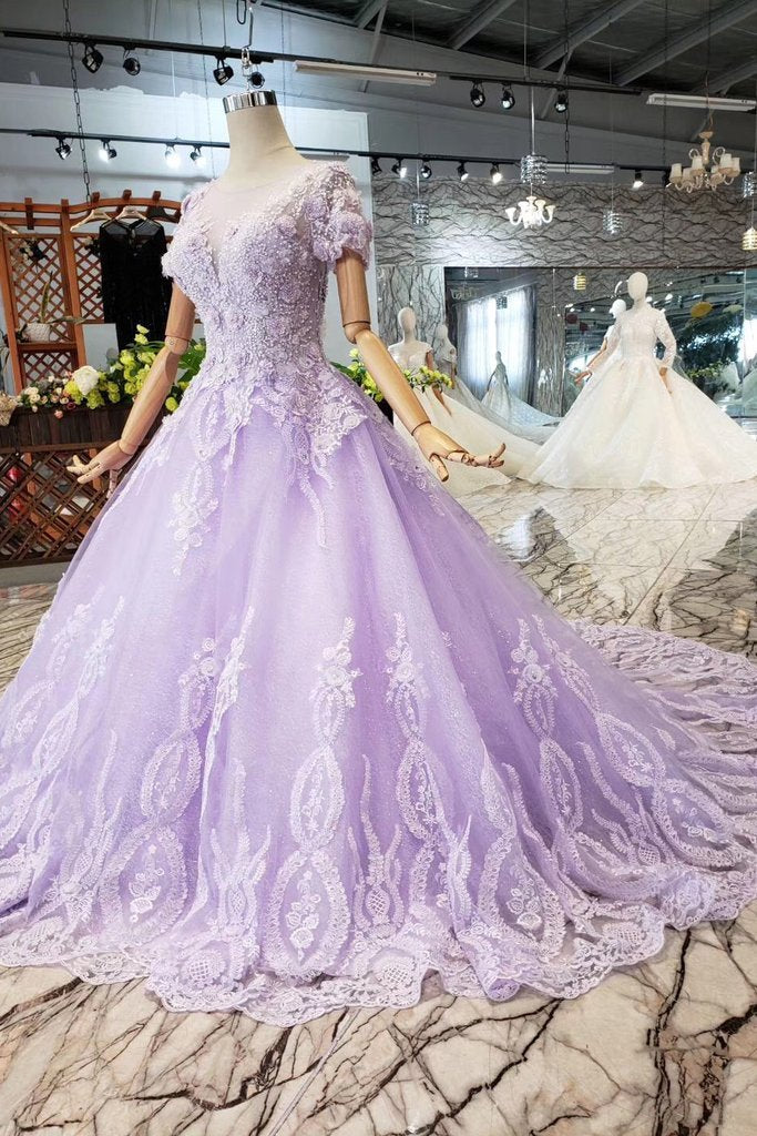 Lilac Ball Gown Short Sleeves Prom Dresses with Lace, Quinceanera Dress PDL41