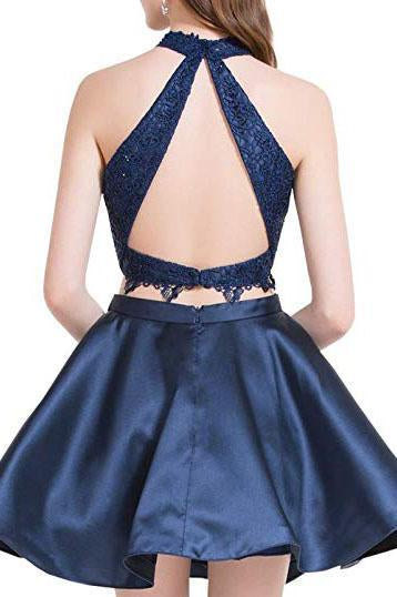 Two Piece Dark Blue Short Homecoming Dress with Lace, A Line Satin Graduation Dress PPD55