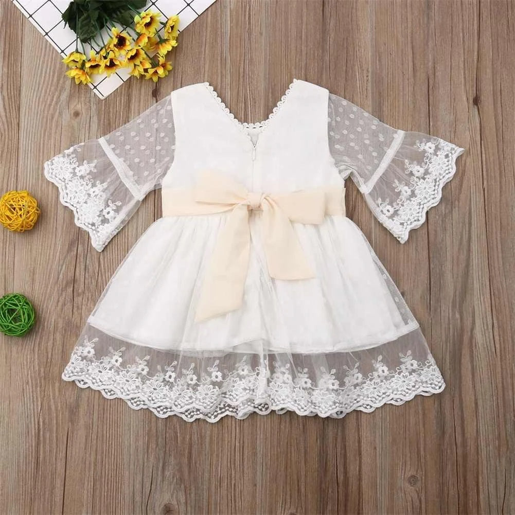 Cute Ivory Lace Long Sleeve Flower Girl Dresses Above Knee Scoop Bowknot Baby Dress HD51