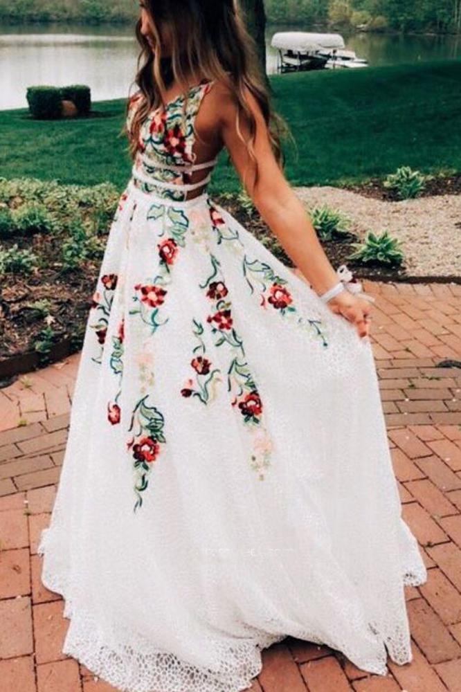 Charming V Neck Floral Embroidery Long Lace Prom Dress with Pocket PDJ1
