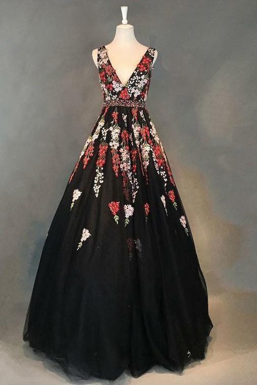 Charming V-Neck Black Floral Appliques Beading Sleeveless Long Prom Dress PDI40