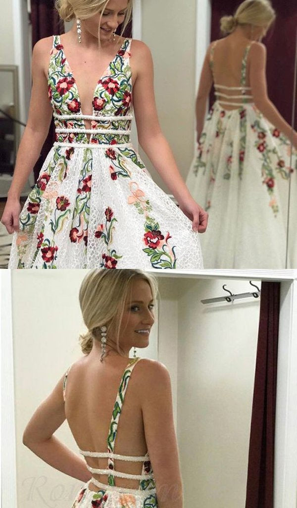 A Line V Neck Flower Appliques Prom Dresses, Long Evening Dresses PDG76