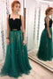 A Line Green and Black Tulle Prom Dresses, Charming Appliques Formal Dress PDI13