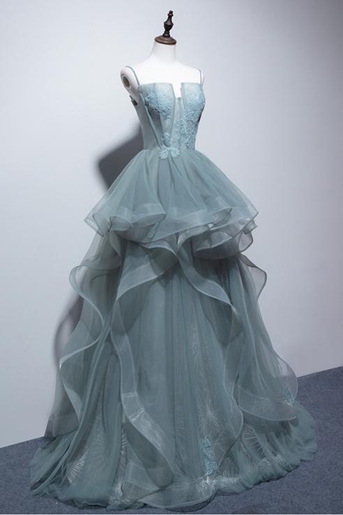 Elegant Spaghetti Straps Tulle Long Formal Prom Dresses, A-line Long Evening Dress OM0004