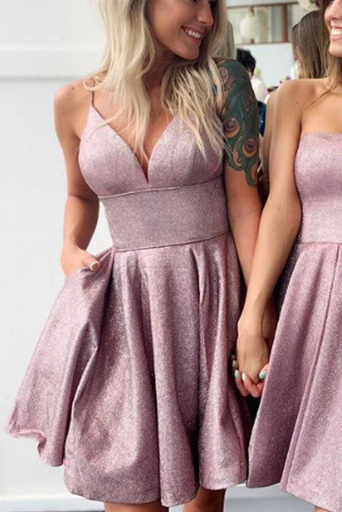 Sparkly Spaghetti V Neck Short Prom Homecoming Dresses, Sweet 16 Cocktail Dresses SK43