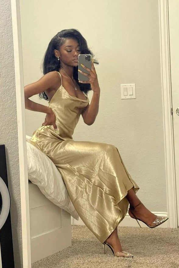 Sexy Gold Mermaid Prom Dresses Spaghetti Straps Long Sleeveless Evening Dresses OM0227