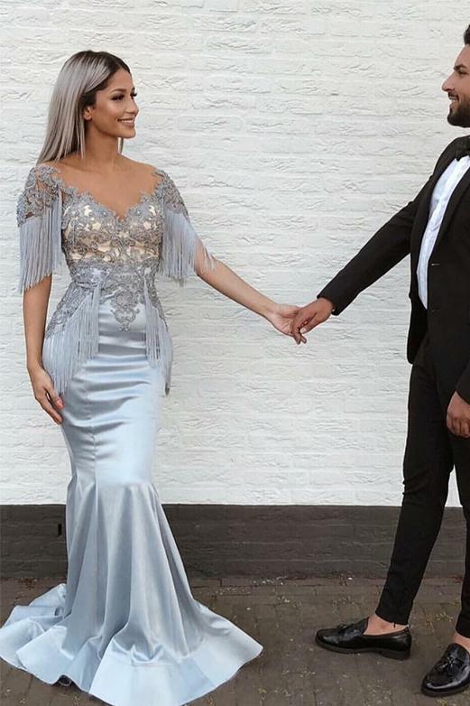 Mermaid V-Neck Short Sleeve Appliques Long Grey Prom Dress PDH33