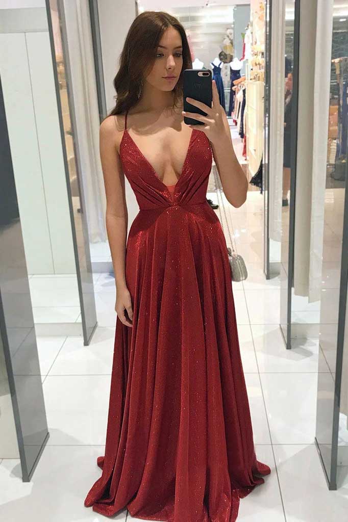Sparkly A line Burgundy V neck Long Prom Dresses, Simple Evening Dresses OM0032