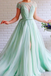 A-line Mint Green Long Cheap Prom Dresses Beading Tulle Evening Dress PDS99