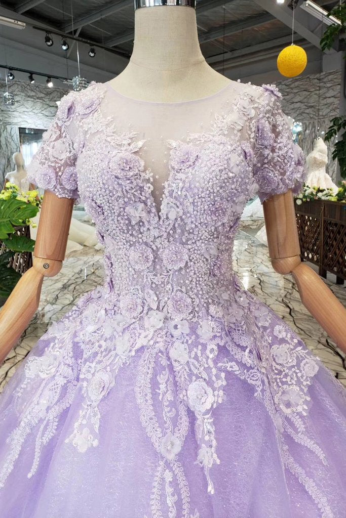 Lilac Ball Gown Short Sleeves Prom Dresses with Lace, Quinceanera Dress PDL41