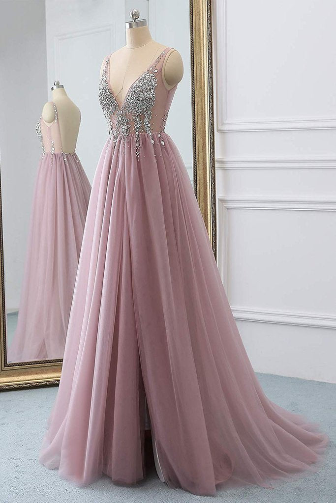 Dusty Pink A Line Tulle Prom Dress, V Neck Long Graduation Dress with Rhinestone PDJ48