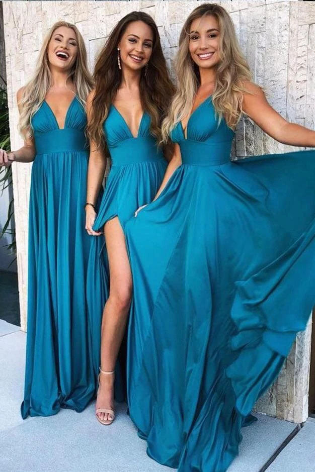 Elegant A Line Mermaid Deep V Neck Long Blue Backless Bridesmaid Dresses with Slit SK09