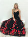 A-Line Spaghetti Straps Black Sweep Train A Line Prom Dress with Flowers PDI74