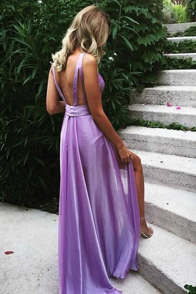 Sexy Purple A line Chiffon Backless Long Prom Dresses, Long Formal Dresses OM0036
