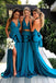 Elegant A Line Mermaid Deep V Neck Long Blue Backless Bridesmaid Dresses with Slit SK09