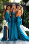 Elegant A Line Mermaid Deep V Neck Long Blue Backless Bridesmaid Dresses with Slit SK09
