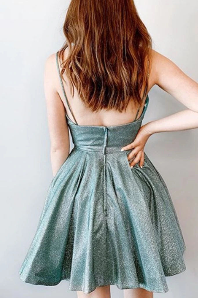 Sparkly Spaghetti V Neck Short Prom Homecoming Dresses, Sweet 16 Cocktail Dresses SK43