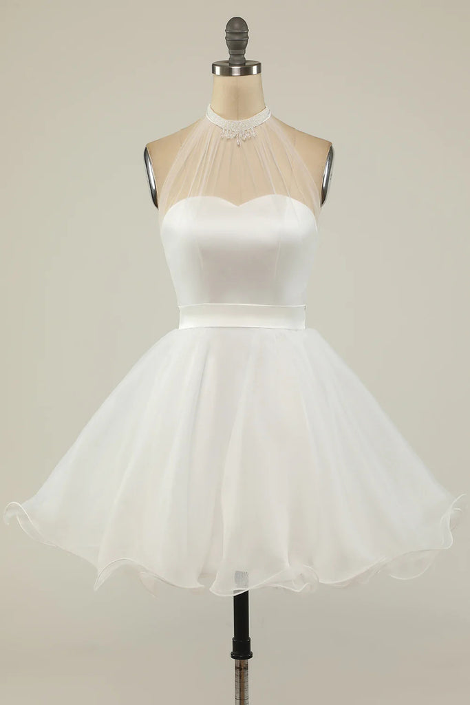 Halter Black A line Tulle Beading Homecoming Dresses, Mini Graduation Dresses OMH0137