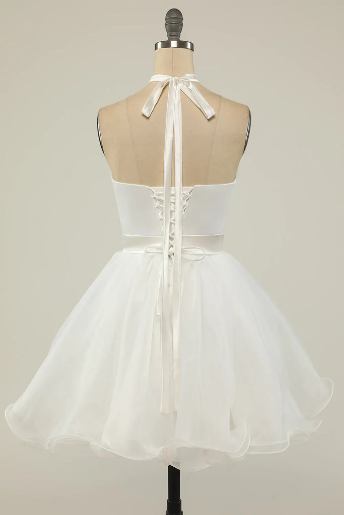 Halter Black A line Tulle Beading Homecoming Dresses, Mini Graduation Dresses OMH0137