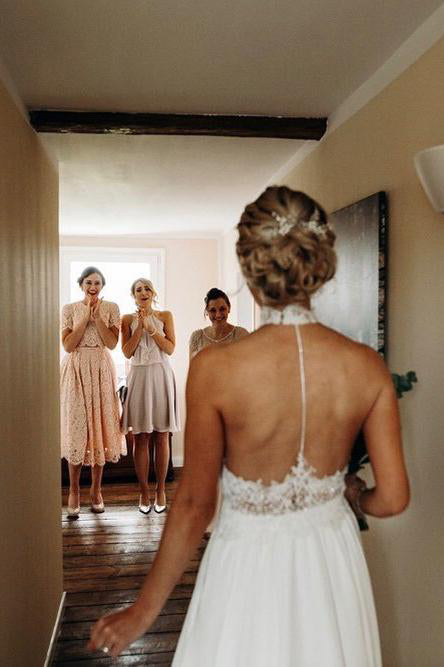 Unique A line Chiffon Halter Lace Long Beach Wedding Dresses, Bridal Gowns OW0045