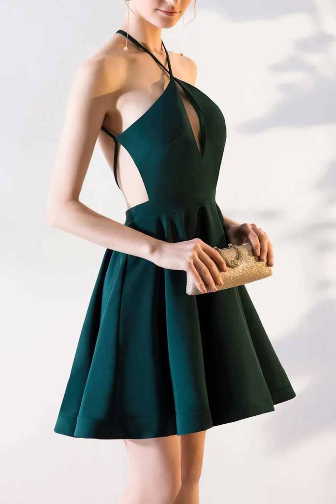 Halter Green A Line Sleeveless Graduation Dress, Short Homecoming Dresses OMH0161