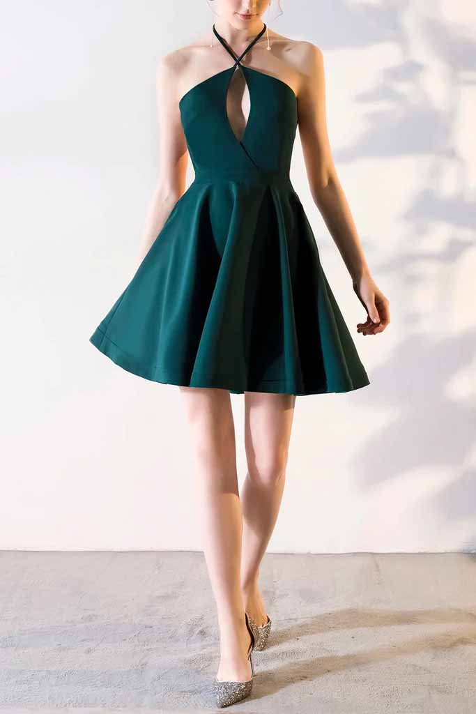 Halter Green A Line Sleeveless Graduation Dress, Short Homecoming Dresses OMH0161