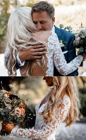 Long Sleeve Lace V Neck Backless Mermaid Boho Wedding Dresses,Beach Wedding Gown PDH77
