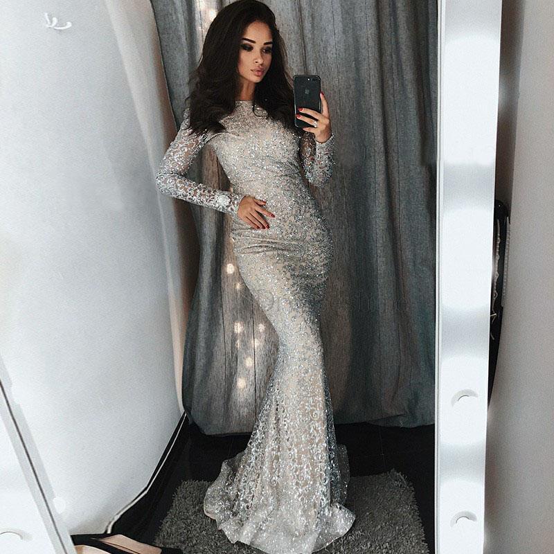 Mermaid Bateau Sliver Lace Long Sleeves Evening Prom Dress with Sequins PDF33