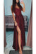 Burgundy A Line V-Neck Long Spaghetti Strap Split Prom Dresses With Lace PDH74