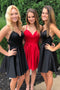 Simple A line V Neck Satin Spaghetti Straps Black Short Homecoming Dress, Sweet 16 Dresses SK47