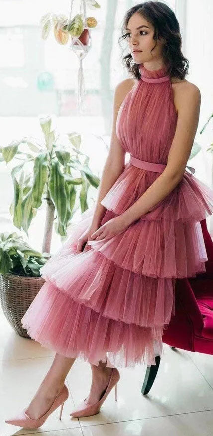 A line Tulle Tiered High Neck Homecoming Dresses, Ankle Length Prom Dresses OM0280