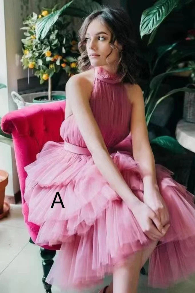 A line Tulle Tiered High Neck Homecoming Dresses, Ankle Length Prom Dresses OM0280