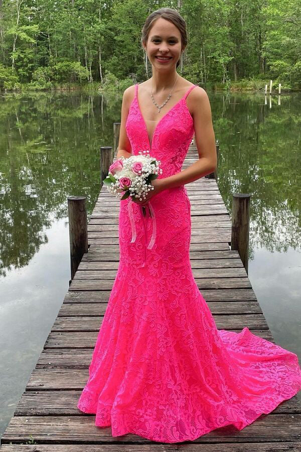 Charming Mermaid Lace Hot Pink V Neck Prom Dresses with Beading, Evening Dress OM0261