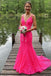 Charming Mermaid Lace Hot Pink V Neck Prom Dresses with Beading, Evening Dress OM0261