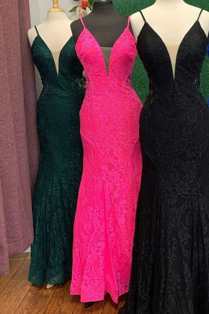 Charming Mermaid Lace Hot Pink V Neck Prom Dresses with Beading, Evening Dress OM0261