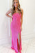 Glitter Hot Pink Mermaid Sequins Scoop Prom Dresses with Slit, Evening Dresses OM0237