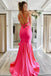 Elegant Hot Pink Mermaid V Neck Long Prom Dress, Backless Sleeveless Formal Dresses OM0306