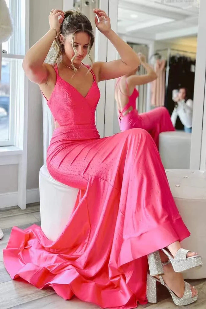 Elegant Hot Pink Mermaid V Neck Long Prom Dress, Backless Sleeveless Formal Dresses OM0306