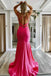 Elegant Hot Pink Mermaid V Neck Long Prom Dress, Backless Sleeveless Formal Dresses OM0306