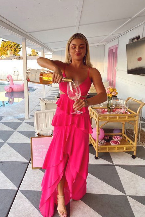 A Line Hot Pink Spaghetti Straps V neck Prom Dresses Simple Evening Dress OM0101