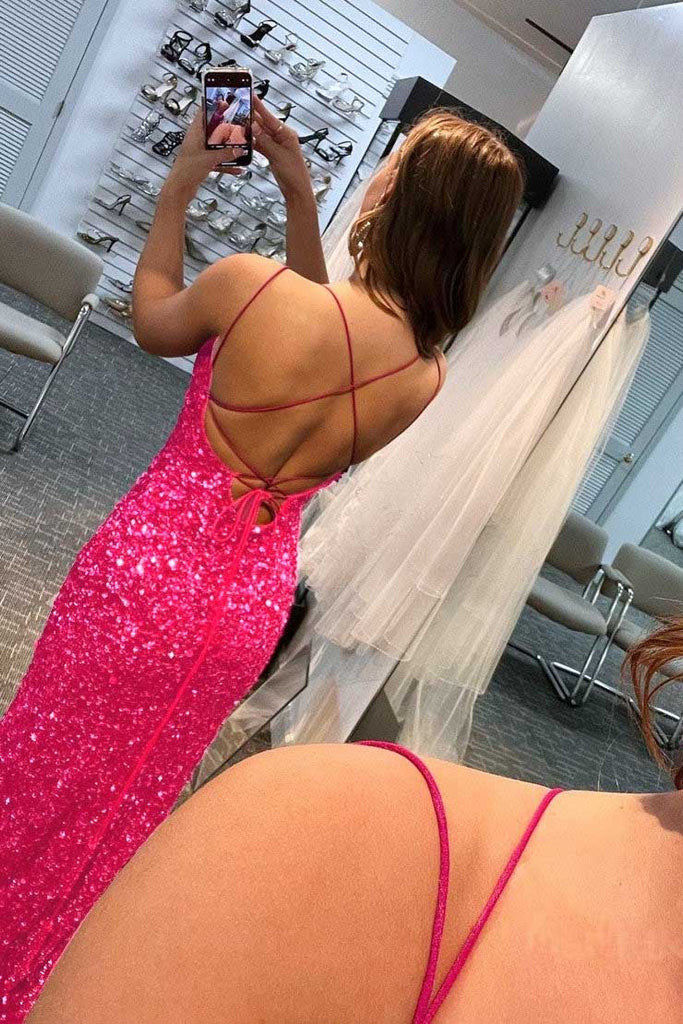 Glitter Mermaid Sequins Sexy Hot Pink Backless Long Prom Dress with Side Slit OM0066
